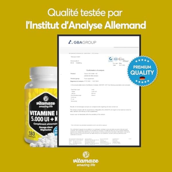 Vitamine D3 K2 Haute Dose, Vitamine D3 5000 UI + Vitamine K2 (MK7) 100µg - Pour les Os, les Muscles, le Système Immunitaire - Naturelle Sans Additifs et Haute Biodisponibilité - Qualité Allemande – Image 6
