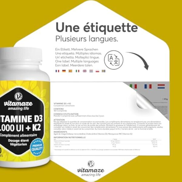 Vitamine D3 K2 Haute Dose, Vitamine D3 5000 UI + Vitamine K2 (MK7) 100µg - Pour les Os, les Muscles, le Système Immunitaire - Naturelle Sans Additifs et Haute Biodisponibilité - Qualité Allemande – Image 8