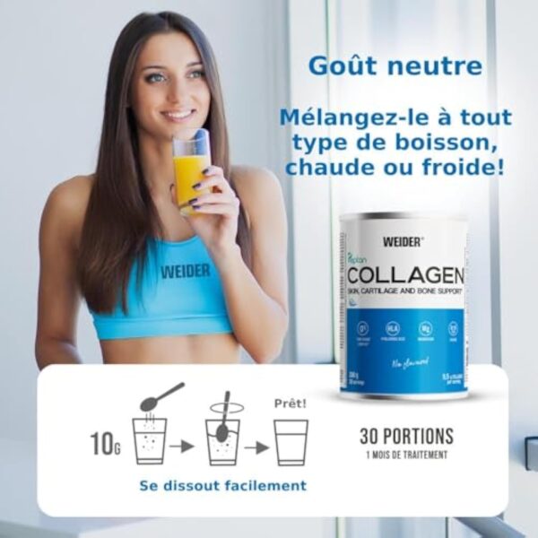 Weider Collagen. Peptide de collagène hydrolisé Peptan . Enrichi d’acide hyaluronique, de magnésium et de vitamine C. Pour la santé des os et des articulations. Sans arôme. 300g – Image 5