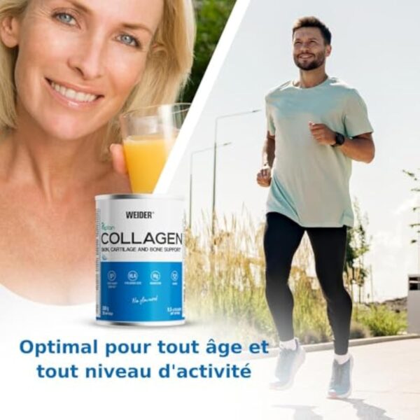 Weider Collagen. Peptide de collagène hydrolisé Peptan . Enrichi d’acide hyaluronique, de magnésium et de vitamine C. Pour la santé des os et des articulations. Sans arôme. 300g – Image 6