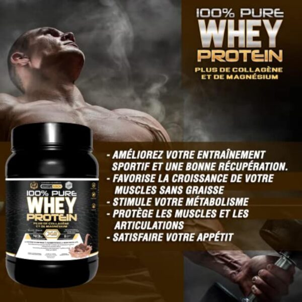 Whey Protein | Protéine pure avec Collagène + Magnésium | Tonifie et augmente la masse musculaire | Protège les muscles et aide à la récupération des tissus fibreux | 1000g de protéines chocolat – Image 3