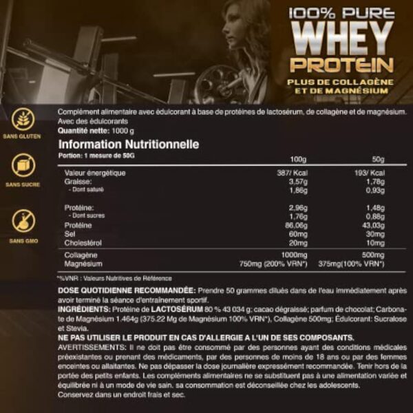 Whey Protein | Protéine pure avec Collagène + Magnésium | Tonifie et augmente la masse musculaire | Protège les muscles et aide à la récupération des tissus fibreux | 1000g de protéines chocolat – Image 7
