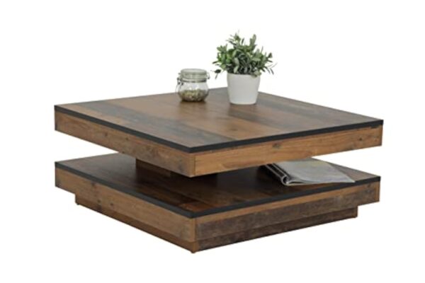 Apollo Ben Table Basse Évolutive Pour Séjour, Carrée, Matériau Dérivé Du Bois Avec Revêtement En Mélamine, Plateau De Table Pivotant À 360°, Bois Vieilli, 78 x 78 x 34 cm