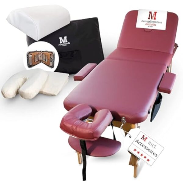 MASSUNDA Table de Massage Pliante et réglable en Hauteur – Table de Massage Mobile en Bois Massif avec Housse en éponge, accoudoirs et dossiers, appuie-tête Ergonomique (Bordeaux)