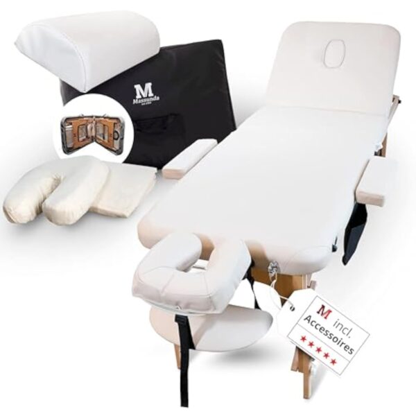 MASSUNDA All INKL Chaise de Massage Pliante et réglable en Hauteur – Table de Massage Mobile en Bois Massif avec Housse en éponge, accoudoirs et dossiers, appuie-tête Ergonomique (Crème)