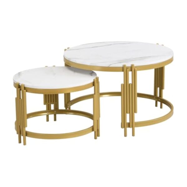 Table Basse Blanche 2 Pièce, Tables Rondes avec Aspect Marbre Brillant, Structure en Métal Doré, （71,5 * 71,5 * 44 Cm + 51,5 * 51,5 * 37cm）