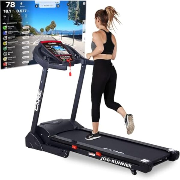 CARE FITNESS - Carpette de Varappe Connecté Jog Runner - Carpette de Caution Électrique Abaissable et Pliant - Jusqu'à 18km/h - 18 Lignes d'Amoindrissement - 25 Programmes