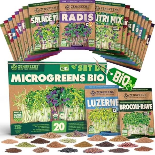 ZenGreens® - Graines germées bio en Kit de 20 - Graines germées - Agronomie voisin en pot ou en îlot - Communicatif groupe - 20 music-hall distinctes - Microgreens Samen Mix - Lot de 20