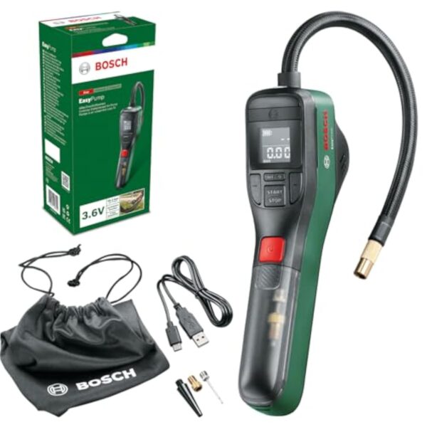 Bosch hyperbole à clou hyperbole à air mini-compresseur électrique EasyPump (accu 3,0 Ah, 3,6 V, empressement Autostop, 150 PSI, 10,3 bar, LED, rechargeable via filin USB-C, pour attirail étui)