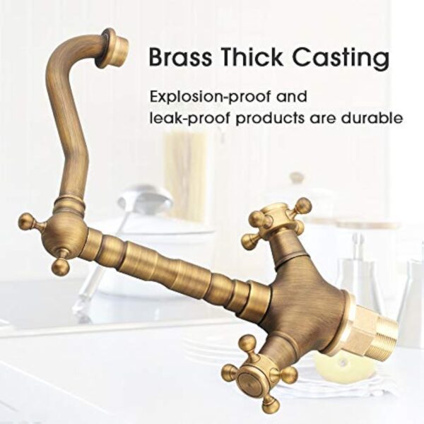 360° Robinet Rotatif en Cuivre Antique Double Robinet de Lavabo en Laiton Évier de Cuisine Robinet Brossé Lavabo Doux Robinet Vintage Pour Eau Chaude et Froide – Image 5