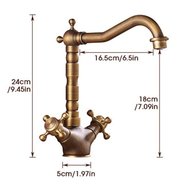 360° Robinet Rotatif en Cuivre Antique Double Robinet de Lavabo en Laiton Évier de Cuisine Robinet Brossé Lavabo Doux Robinet Vintage Pour Eau Chaude et Froide – Image 6