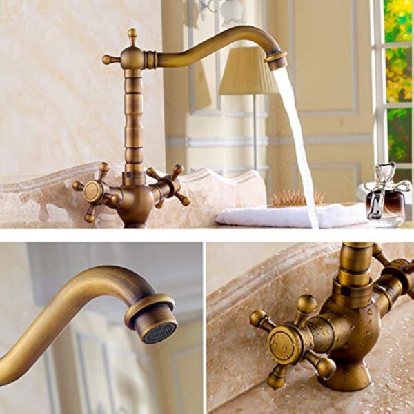 360° Robinet Rotatif en Cuivre Antique Double Robinet de Lavabo en Laiton Évier de Cuisine Robinet Brossé Lavabo Doux Robinet Vintage Pour Eau Chaude et Froide – Image 7