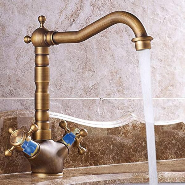360° Robinet Rotatif en Cuivre Antique Double Robinet de Lavabo en Laiton Évier de Cuisine Robinet Brossé Lavabo Doux Robinet Vintage Pour Eau Chaude et Froide – Image 8