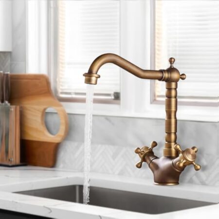 360°Rotatif en Cuivre Antique,Robinet Cuisine Laiton Rétro à Double Poignée,Mitigeur d'évier à deux Poignées nostalgie,Brossé Lavabo Doux Robinet Vintage Pour Eau Chaude et Froide