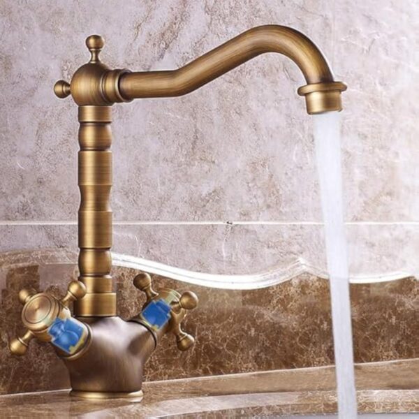 360°Rotatif en Cuivre Antique,Robinet Cuisine Laiton Rétro à Double Poignée,Mitigeur d'évier à deux Poignées nostalgie,Brossé Lavabo Doux Robinet Vintage Pour Eau Chaude et Froide – Image 6