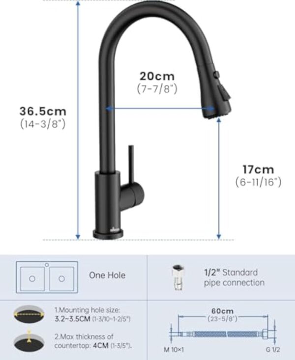 APPASO Robinet de cuisine noir avec douchette extractible, robinet d'évier pivotant à 360° avec 3 modes de pulvérisation I en acier inoxydable noir – Image 3