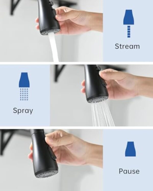 APPASO Robinet de cuisine noir avec douchette extractible, robinet d'évier pivotant à 360° avec 3 modes de pulvérisation I en acier inoxydable noir – Image 5
