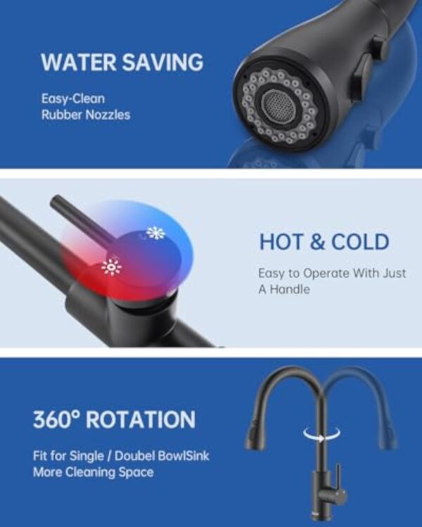 APPASO Robinet de cuisine noir avec douchette extractible, robinet d'évier pivotant à 360° avec 3 modes de pulvérisation I en acier inoxydable noir – Image 7