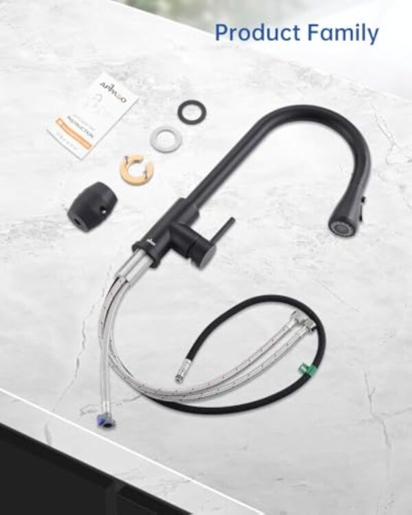 APPASO Robinet de cuisine noir avec douchette extractible, robinet d'évier pivotant à 360° avec 3 modes de pulvérisation I en acier inoxydable noir – Image 8