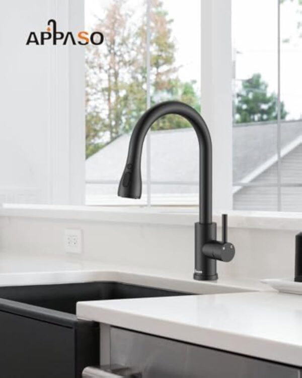 APPASO Robinet de cuisine noir avec douchette extractible, robinet d'évier pivotant à 360° avec 3 modes de pulvérisation I en acier inoxydable noir – Image 9