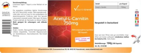 Acétyl-L-Carnitine hautement dosé - 750mg par gélule - végan - 180 gélules | Vitamintrend® – Image 3