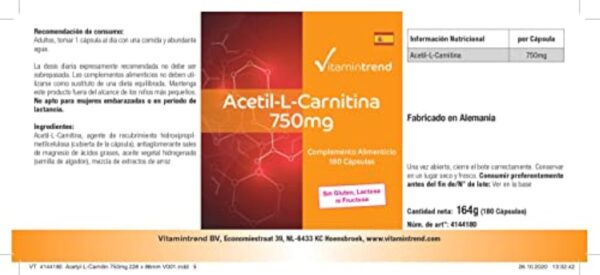 Acétyl-L-Carnitine hautement dosé - 750mg par gélule - végan - 180 gélules | Vitamintrend® – Image 6