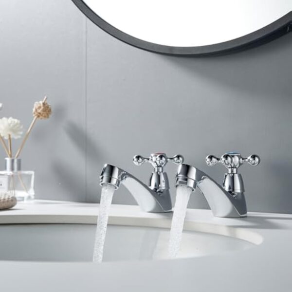 BELZ Robinet mitigeur vintage chromé à double levier pour évier chaud et froid, finition chromée classique pour salle de bain/cuisine – Image 3