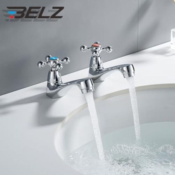 BELZ Robinet mitigeur vintage chromé à double levier pour évier chaud et froid, finition chromée classique pour salle de bain/cuisine – Image 4