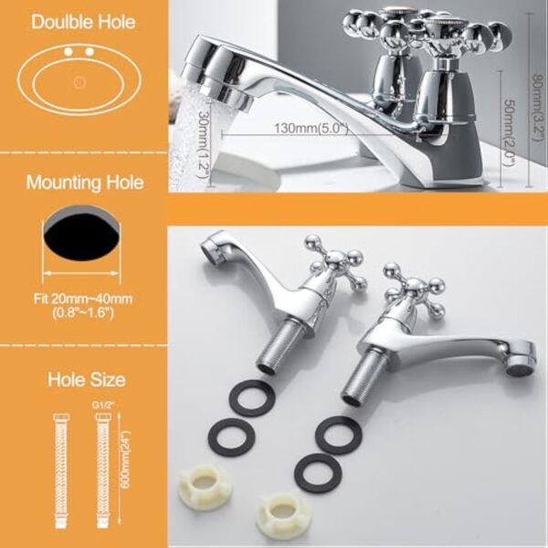 BELZ Robinet mitigeur vintage chromé à double levier pour évier chaud et froid, finition chromée classique pour salle de bain/cuisine – Image 5