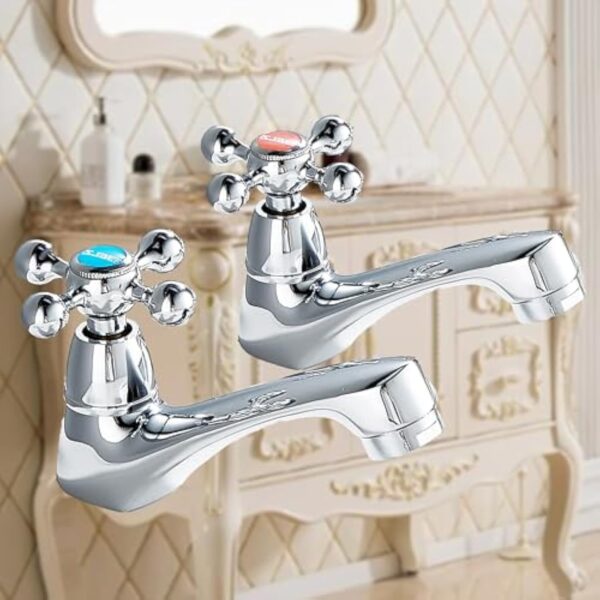 BELZ Robinet mitigeur vintage chromé à double levier pour évier chaud et froid, finition chromée classique pour salle de bain/cuisine – Image 6