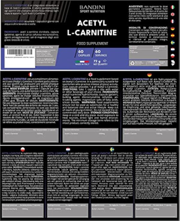 Bandini® ACETYL L-CARNITINE 1000 mg (PAR GÉLULES) - Supplément à base de Acetil L Carnitin (60 Capsules) - Idéal pour Athlètes et Sportifs qui Pratiquent une Activité Physique de Haute Intensité – Image 8