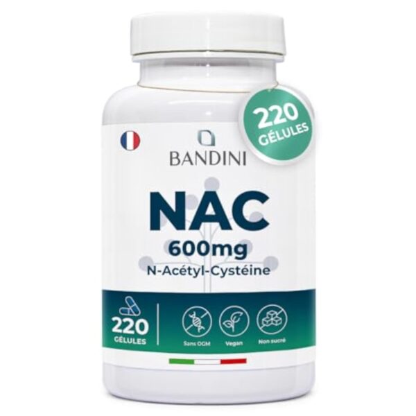 Bandini® NAC N-Acétyl-Cystéine 600mg - 220 Gélules (+7 Mois) Vegan - N-Acetyl-Cysteine Complément Antioxydant - Synthèse du Glutathion - N Acétylcystéine Biodisponible Absorption Rapide - Sans Gluten