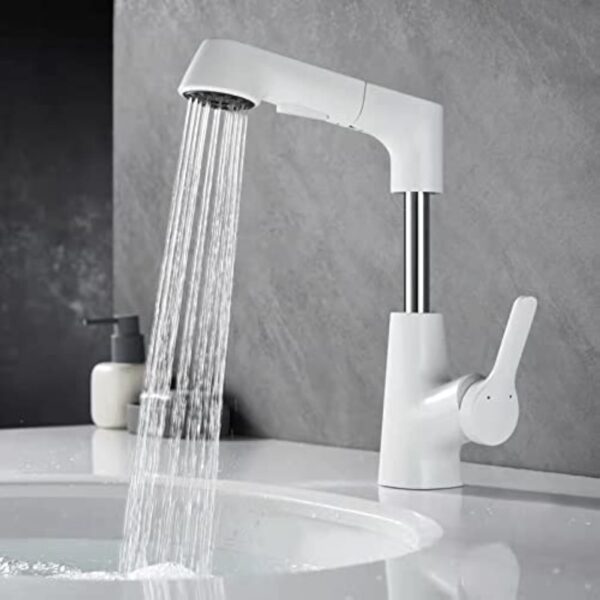 BiaoTeng Robinet Mitigeur Lavabo Avec Douchette Extractible Rotatif à 360° Élevé + Abaissé Laiton Massif Mitigeur Lavabo Salle De Bain Blanc – Image 3