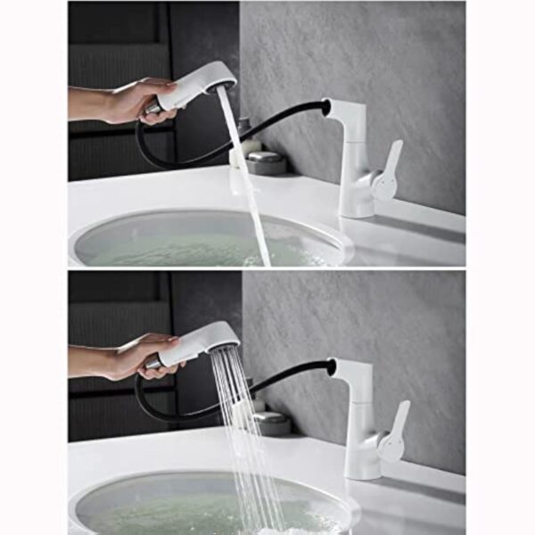 BiaoTeng Robinet Mitigeur Lavabo Avec Douchette Extractible Rotatif à 360° Élevé + Abaissé Laiton Massif Mitigeur Lavabo Salle De Bain Blanc – Image 5
