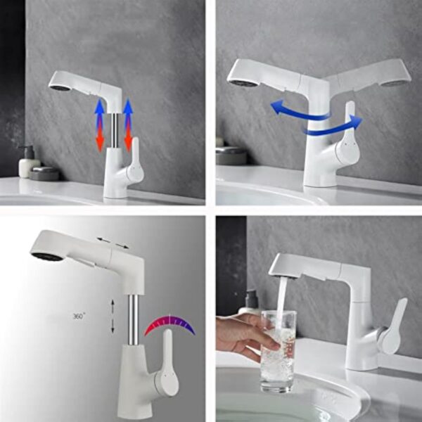 BiaoTeng Robinet Mitigeur Lavabo Avec Douchette Extractible Rotatif à 360° Élevé + Abaissé Laiton Massif Mitigeur Lavabo Salle De Bain Blanc – Image 6