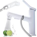 Btstil Robinet de cuisine avec pulvérisateur extractible, mitigeur de lavabo avec 3 modes de jet, robinet d'évier de cuisine à poignée unique en acier inoxydable avec tuyaux standard (blanc)