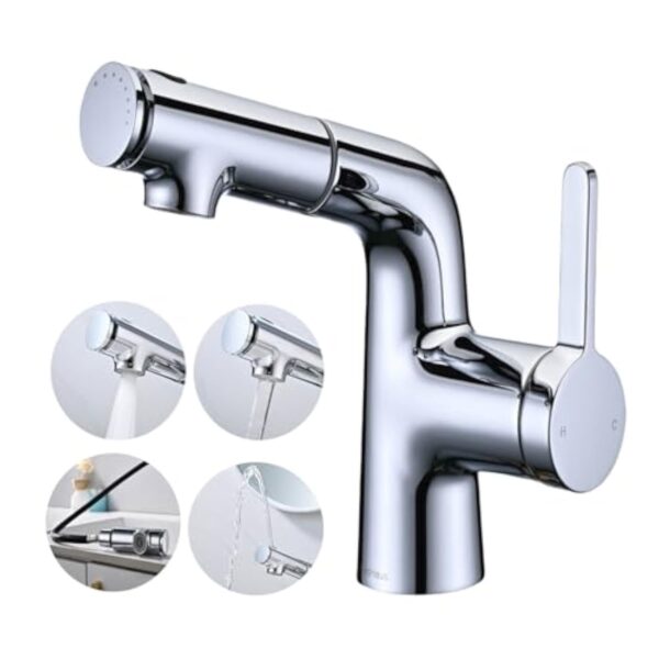 BuntHaus Robinet Salle Bain avec Douchette Extractible 2 Types jet d'eau, Robinet Lavabo avec Douchette Supérieure pour se brosser les dents et se laver le visage, Robinet Mélangeur Chromé, Argent