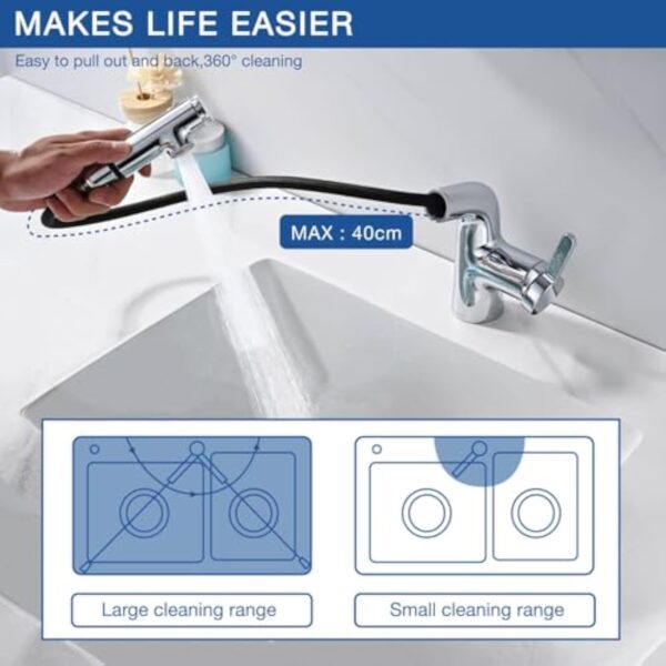BuntHaus Robinet Salle Bain avec Douchette Extractible 2 Types jet d'eau, Robinet Lavabo avec Douchette Supérieure pour se brosser les dents et se laver le visage, Robinet Mélangeur Chromé, Argent – Image 6