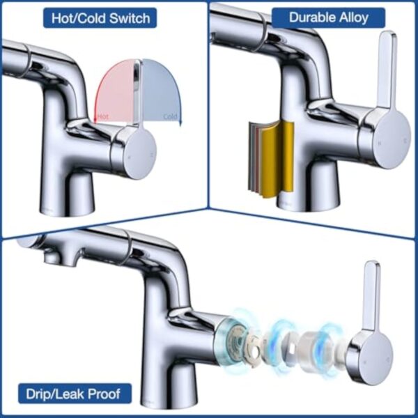 BuntHaus Robinet Salle Bain avec Douchette Extractible 2 Types jet d'eau, Robinet Lavabo avec Douchette Supérieure pour se brosser les dents et se laver le visage, Robinet Mélangeur Chromé, Argent – Image 8
