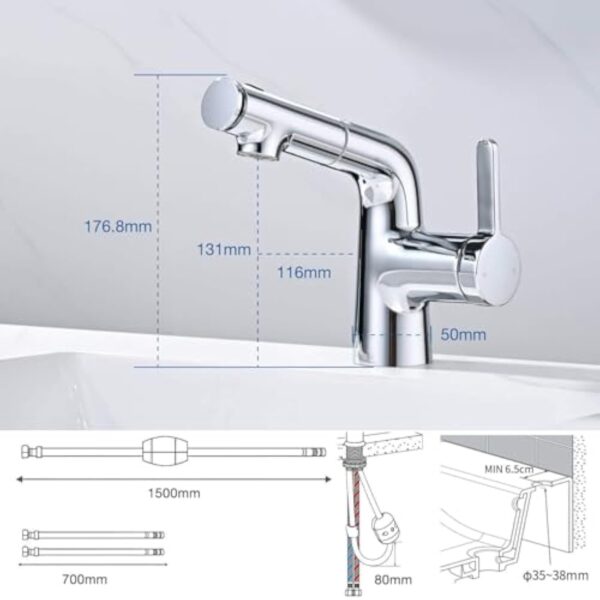 BuntHaus Robinet Salle Bain avec Douchette Extractible 2 Types jet d'eau, Robinet Lavabo avec Douchette Supérieure pour se brosser les dents et se laver le visage, Robinet Mélangeur Chromé, Argent – Image 9