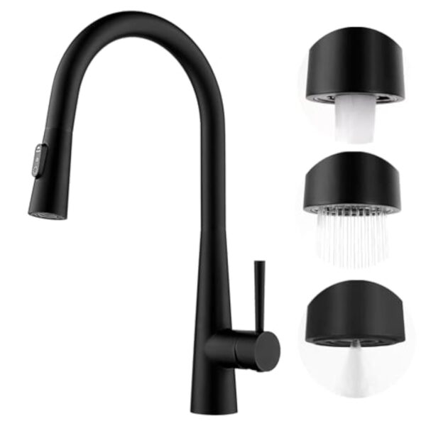 CECIPA Robinet Cuisine Noir Douchette, Mitigeur Cuisine avec Douchette Extractible offrant 3 Modes de Pulvérisation, Mitigeur Evier Noir Pivotant à 360°, Robinetterie de Cuisine en Acier Inox