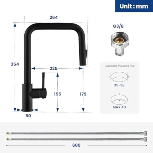 CECIPA Robinet Cuisine Noir Douchette, Mitigeur Cuisine avec Douchette Extractible 2 Jets, Robinet de Cuisine en Acier Inoxydable Rotatif à 360°, Mitigeur d'Evier Noir – Image 3
