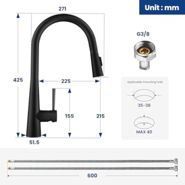 CECIPA Robinet Cuisine Noir Douchette, Mitigeur Cuisine avec Douchette Extractible offrant 3 Modes de Pulvérisation, Mitigeur Evier Noir Pivotant à 360°, Robinetterie de Cuisine en Acier Inox – Image 4