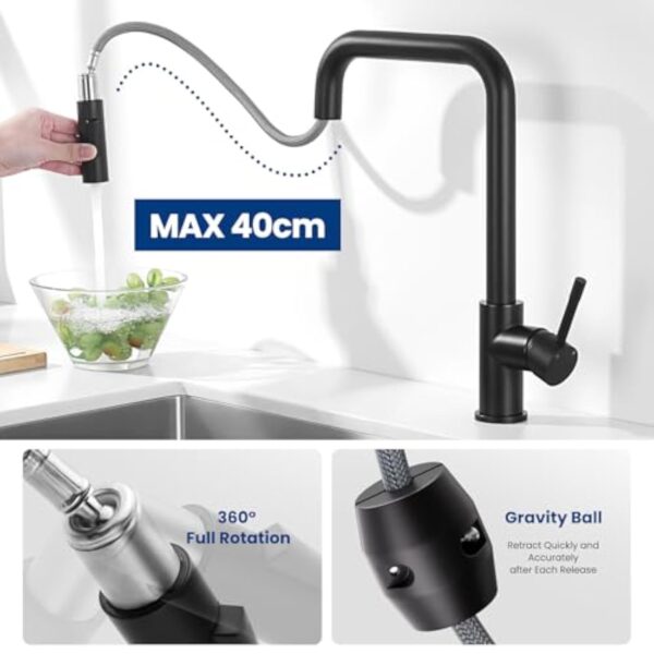 CECIPA Robinet Cuisine Noir Douchette, Mitigeur Cuisine avec Douchette Extractible 2 Jets, Robinet de Cuisine en Acier Inoxydable Rotatif à 360°, Mitigeur d'Evier Noir – Image 4