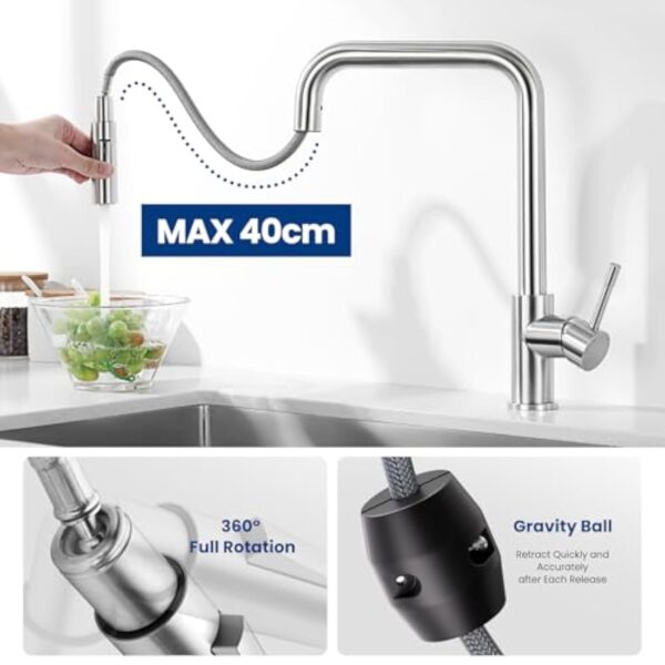 CECIPA Robinet Cuisine Douchette, Mitigeur Cuisine avec Douchette Extractible 2 Jets, Robinetterie de Cuisine Rotatif à 360°, Robinet d'Evier Acier Inoxydable – Image 4
