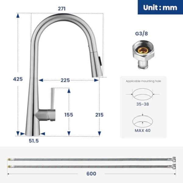 CECIPA Robinet Cuisine Douchette, Mitigeur Cuisine avec Douchette Extractible offrant 3 Modes de Pulvérisation, Mitigeur Evier Cuisine Pivotant à 360°, Robinetterie de Cuisine en Acier Inoxydable – Image 4