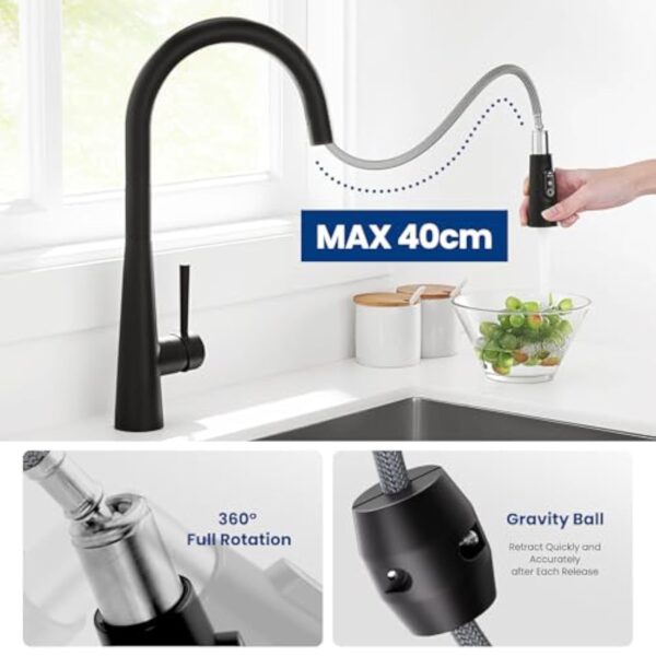 CECIPA Robinet Cuisine Noir Douchette, Mitigeur Cuisine avec Douchette Extractible offrant 3 Modes de Pulvérisation, Mitigeur Evier Noir Pivotant à 360°, Robinetterie de Cuisine en Acier Inox – Image 5