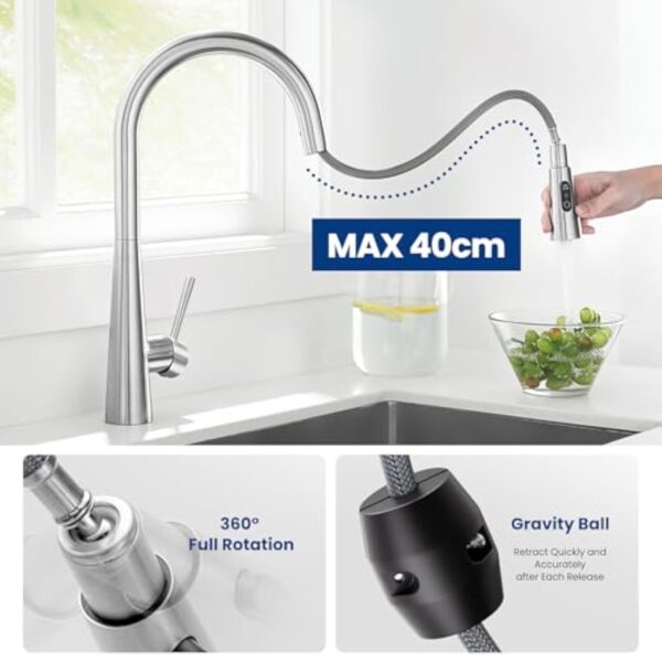 CECIPA Robinet Cuisine Douchette, Mitigeur Cuisine avec Douchette Extractible offrant 3 Modes de Pulvérisation, Mitigeur Evier Cuisine Pivotant à 360°, Robinetterie de Cuisine en Acier Inoxydable – Image 5