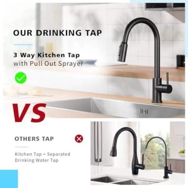 CREA Robinet Cuisine 3 Voies avec Douchette Extractible, Mitigeur 3 Voies Cuisine Pivotant à 360°, Robinetterie Cuisine Eau Potable, Robinet Évier de Cuisine avec Sortie Eau Filtrée,Or – Image 6