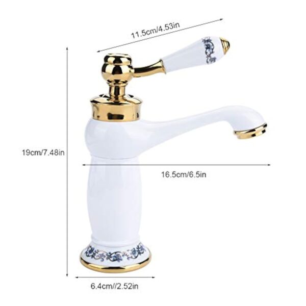 Céramique Antique en Laiton Robinet De La Salle De Bains Évier Robinet Bleu Et Blanc en Porcelaine À Long Cou Vintage Robinet De Lavabo Mitigeur Cuisine Robinet d'eau Froide Robinet(Blanc) – Image 4